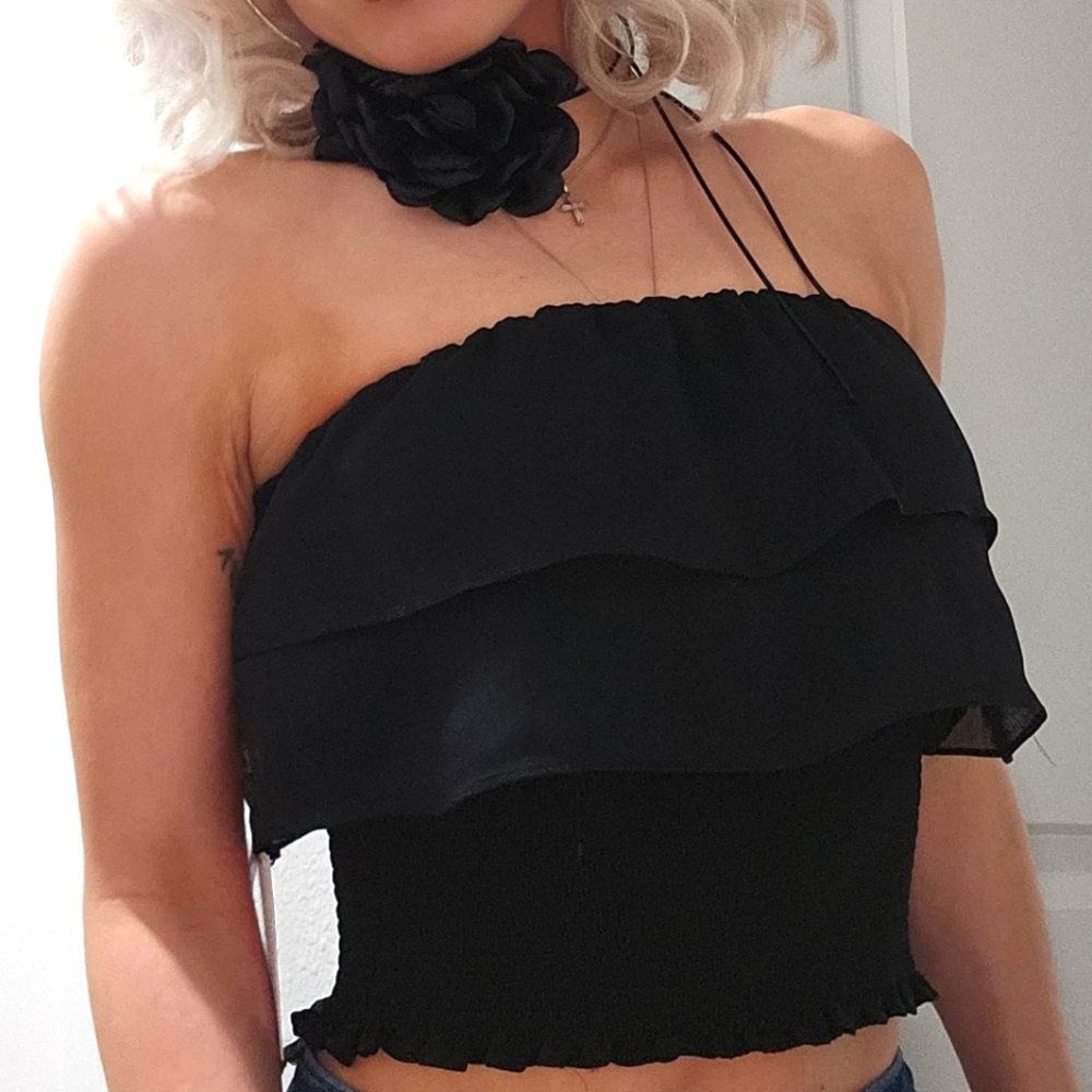 NWT 1. STATE Smocked Ruffle Trim Crop Strapless Top, S
